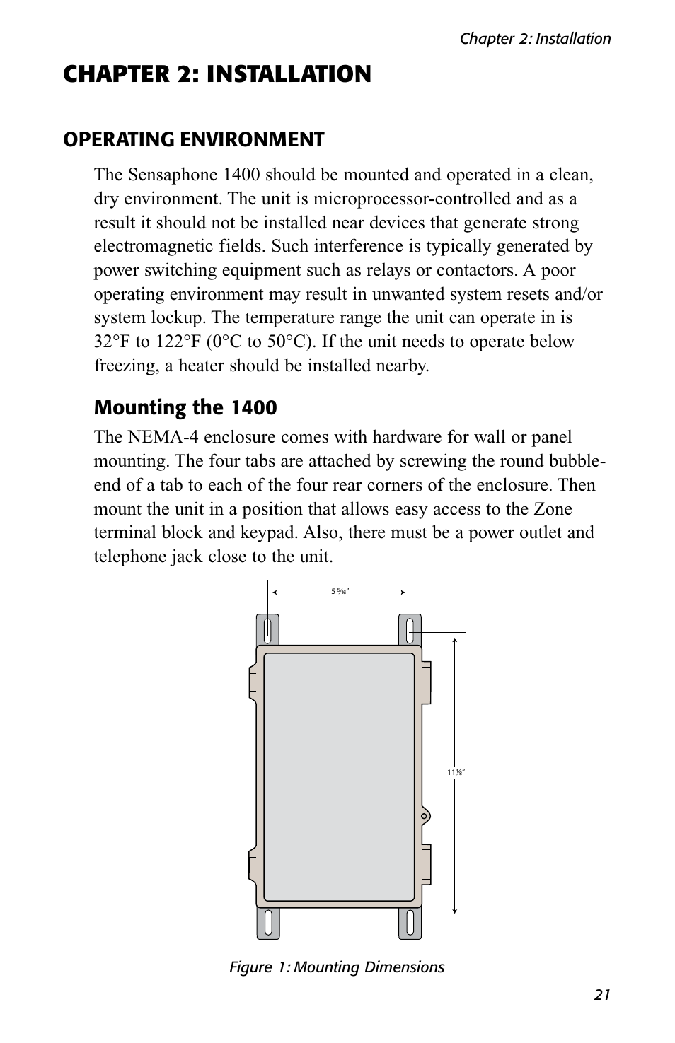 Chapter 2: installation, Operating environment, Mounting the 1400 | Sensaphone 1400 User Manual | Page 23 / 130