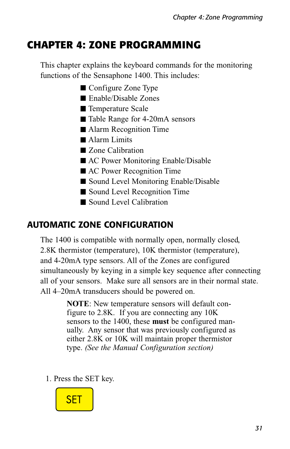 Chapter 4: zone programming | Sensaphone 1400 User Manual | Page 33 / 130