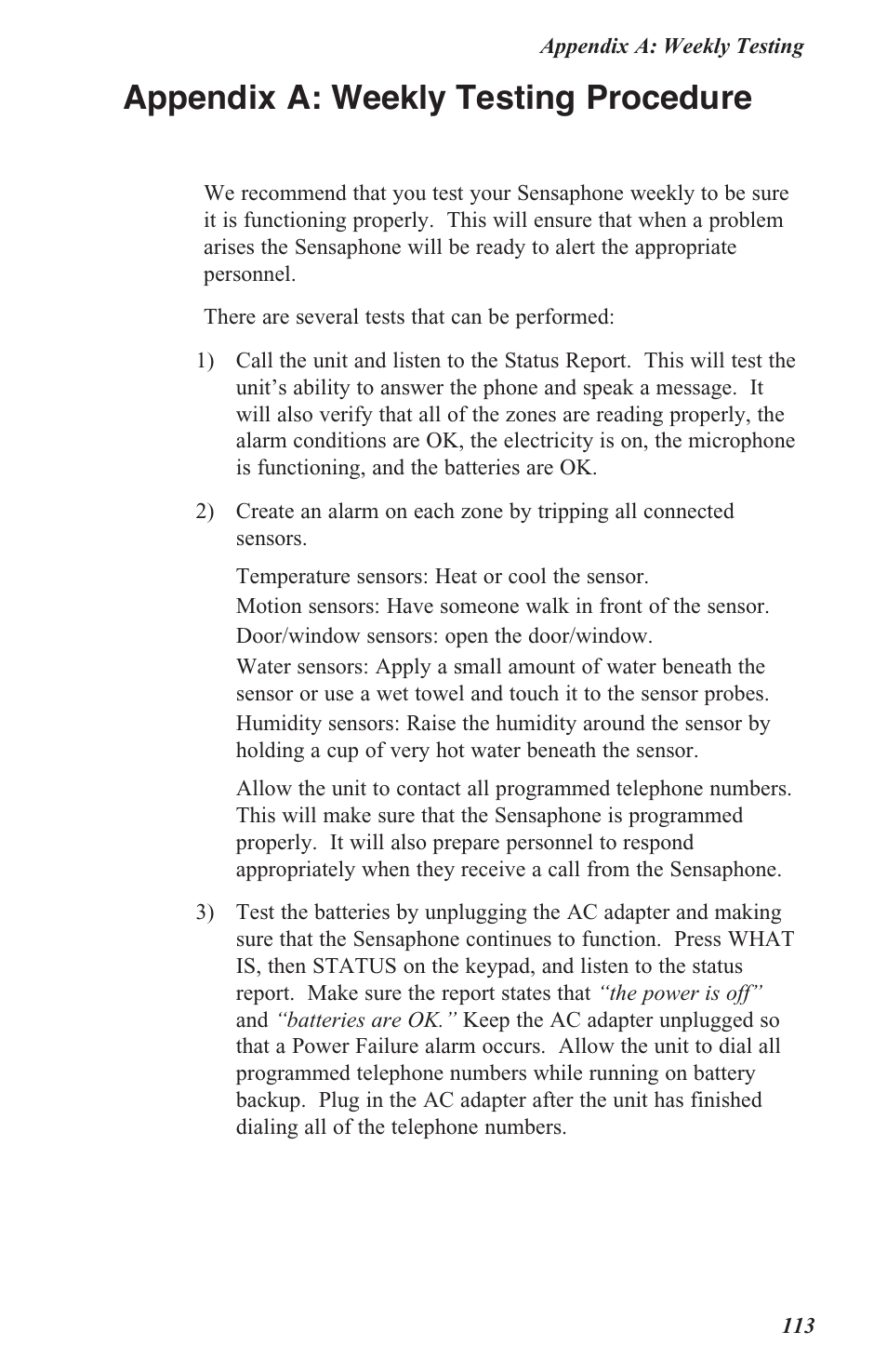 Appendix a: weekly testing procedure | Sensaphone 800 User Manual | Page 115 / 136