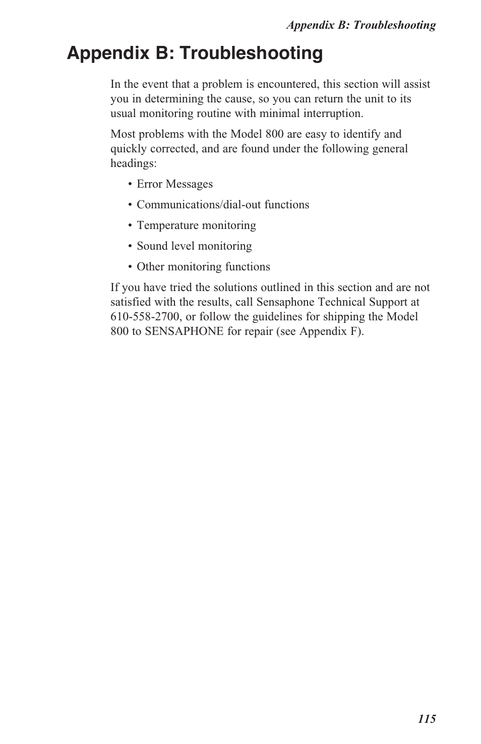 Appendix b: troubleshooting | Sensaphone 800 User Manual | Page 117 / 136