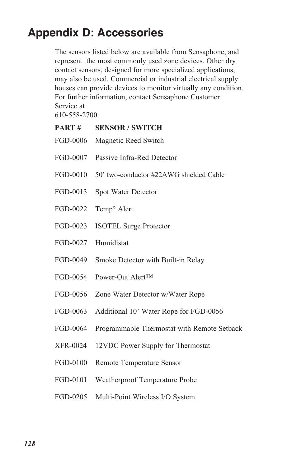 Appendix d: accessories | Sensaphone 800 User Manual | Page 130 / 136