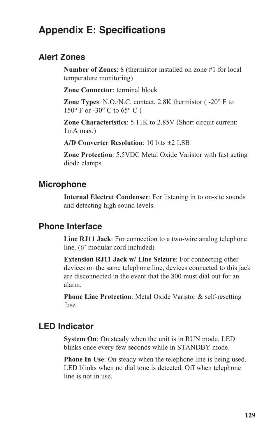 Appendix e: specifications | Sensaphone 800 User Manual | Page 131 / 136