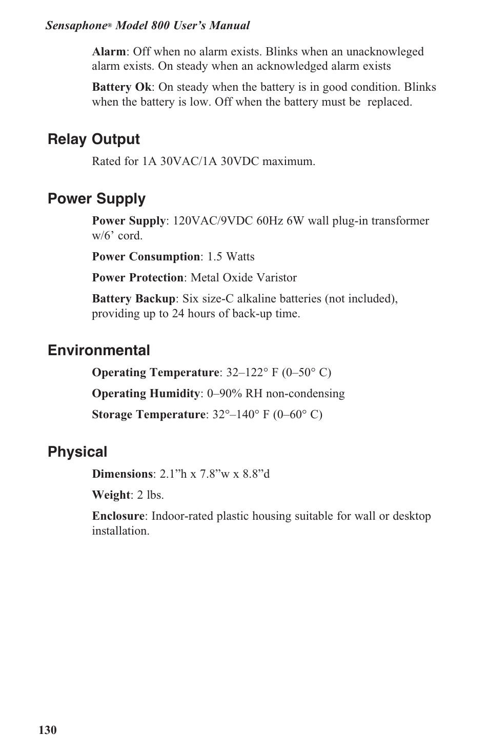 Relay output, Power supply, Environmental | Physical | Sensaphone 800 User Manual | Page 132 / 136