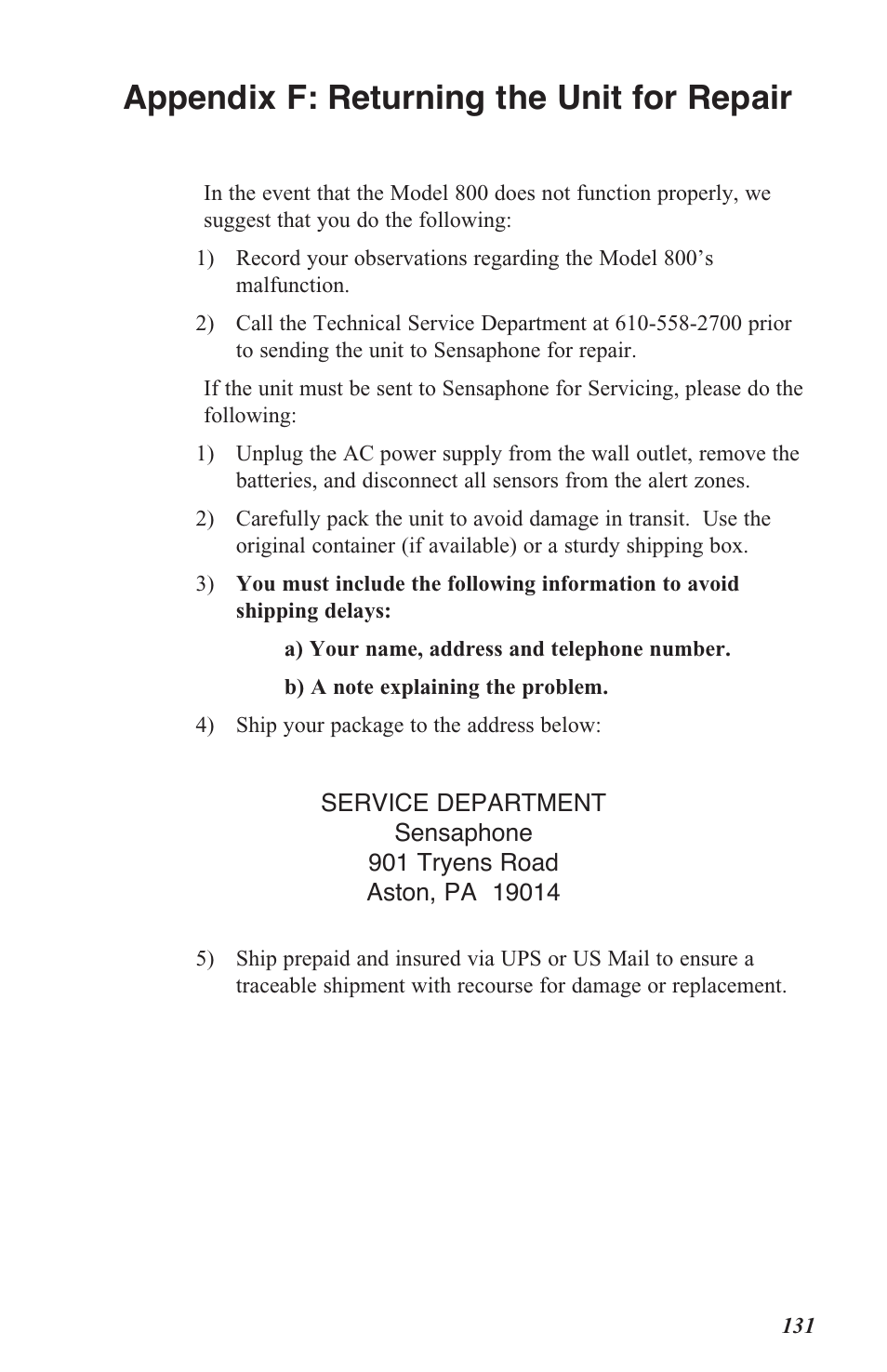 Appendix f: returning the unit for repair | Sensaphone 800 User Manual | Page 134 / 136