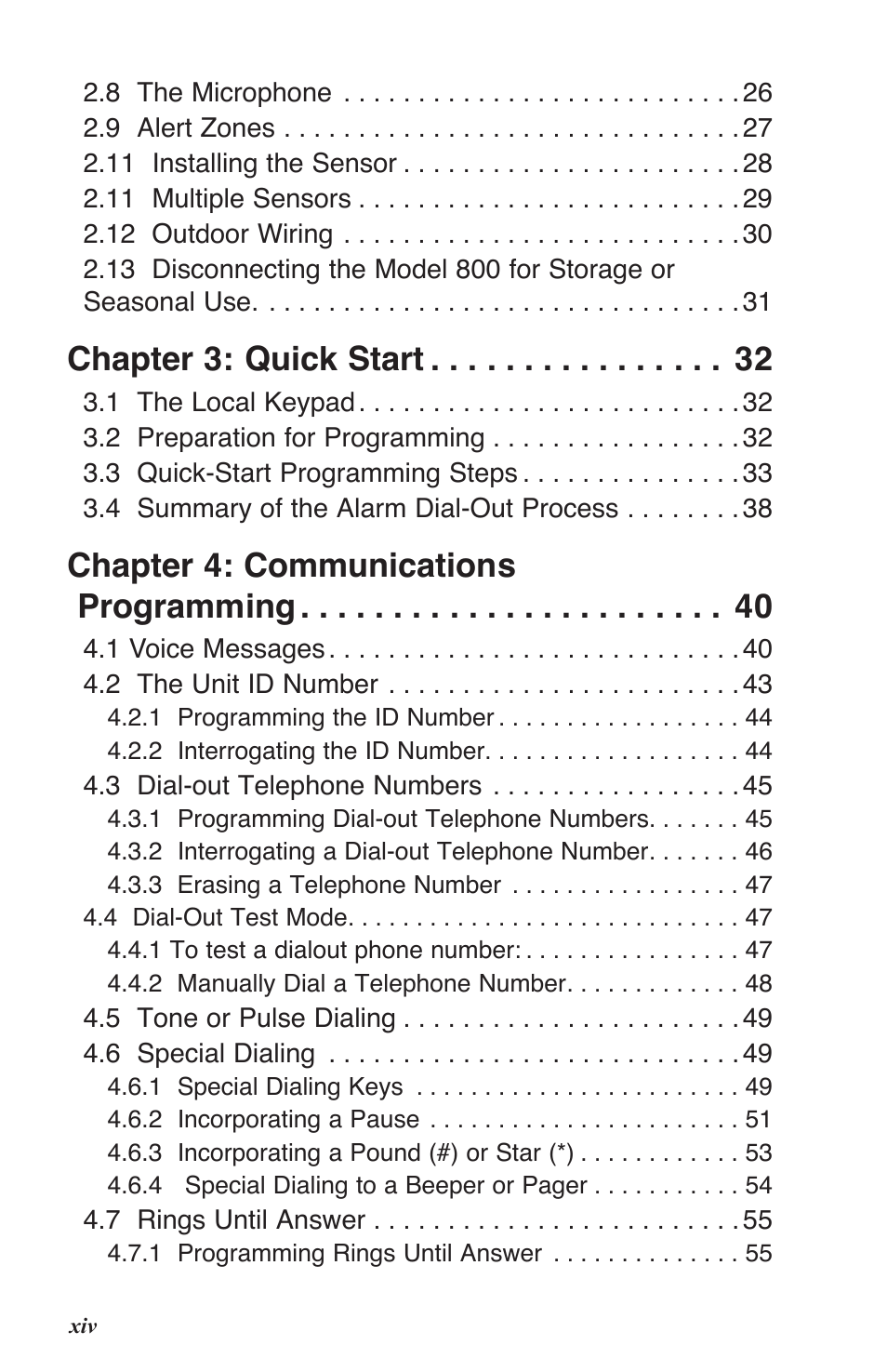 Chapter 3: quick start, Chapter 4: communications programming | Sensaphone 800 User Manual | Page 16 / 136