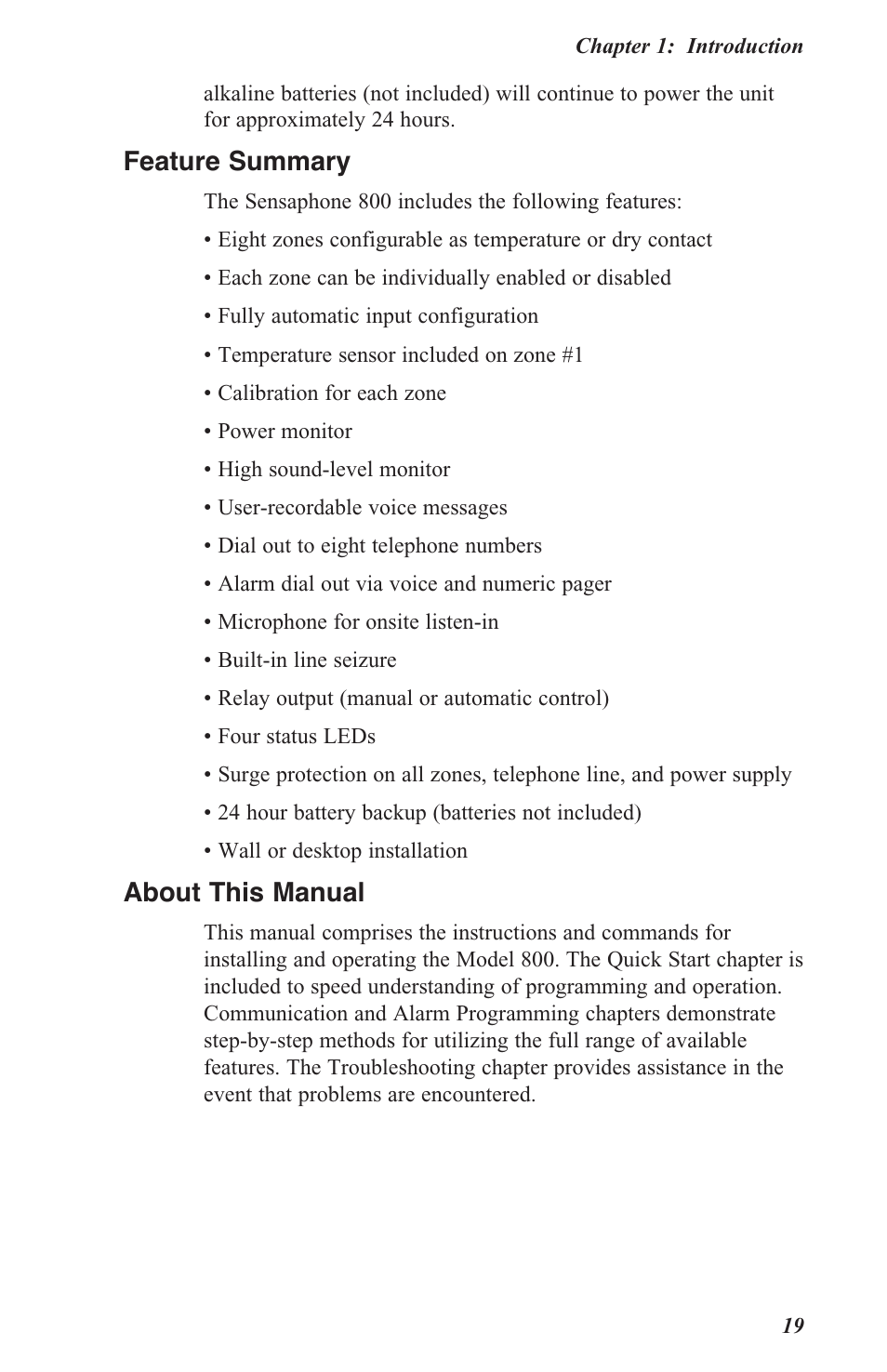 Feature summary, About this manual | Sensaphone 800 User Manual | Page 21 / 136