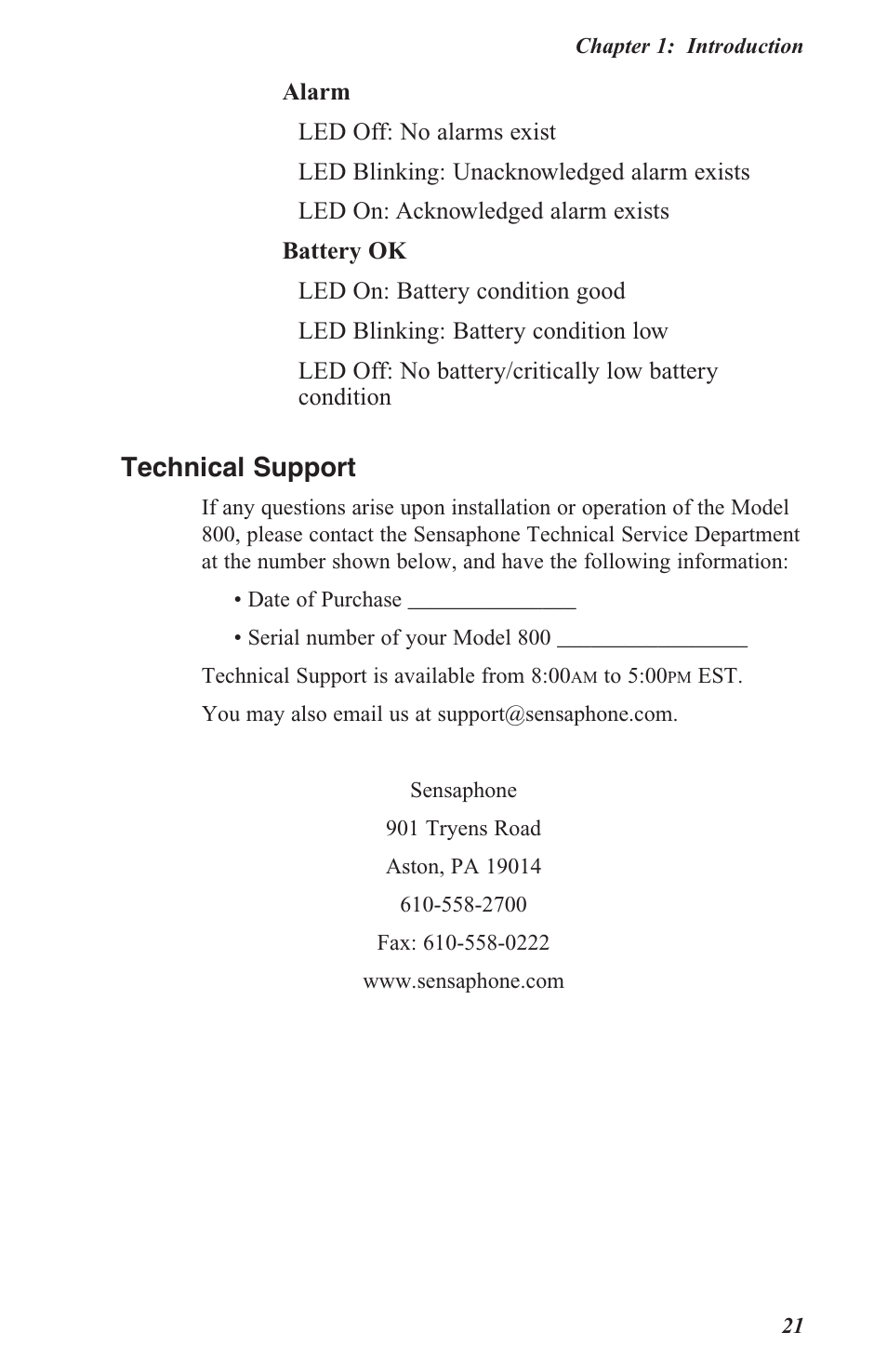 Technical support | Sensaphone 800 User Manual | Page 23 / 136