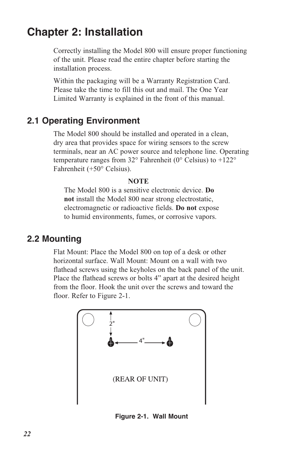 Chapter 2: installation, 2 .1 operating environment, 2 .2 mounting | Sensaphone 800 User Manual | Page 24 / 136