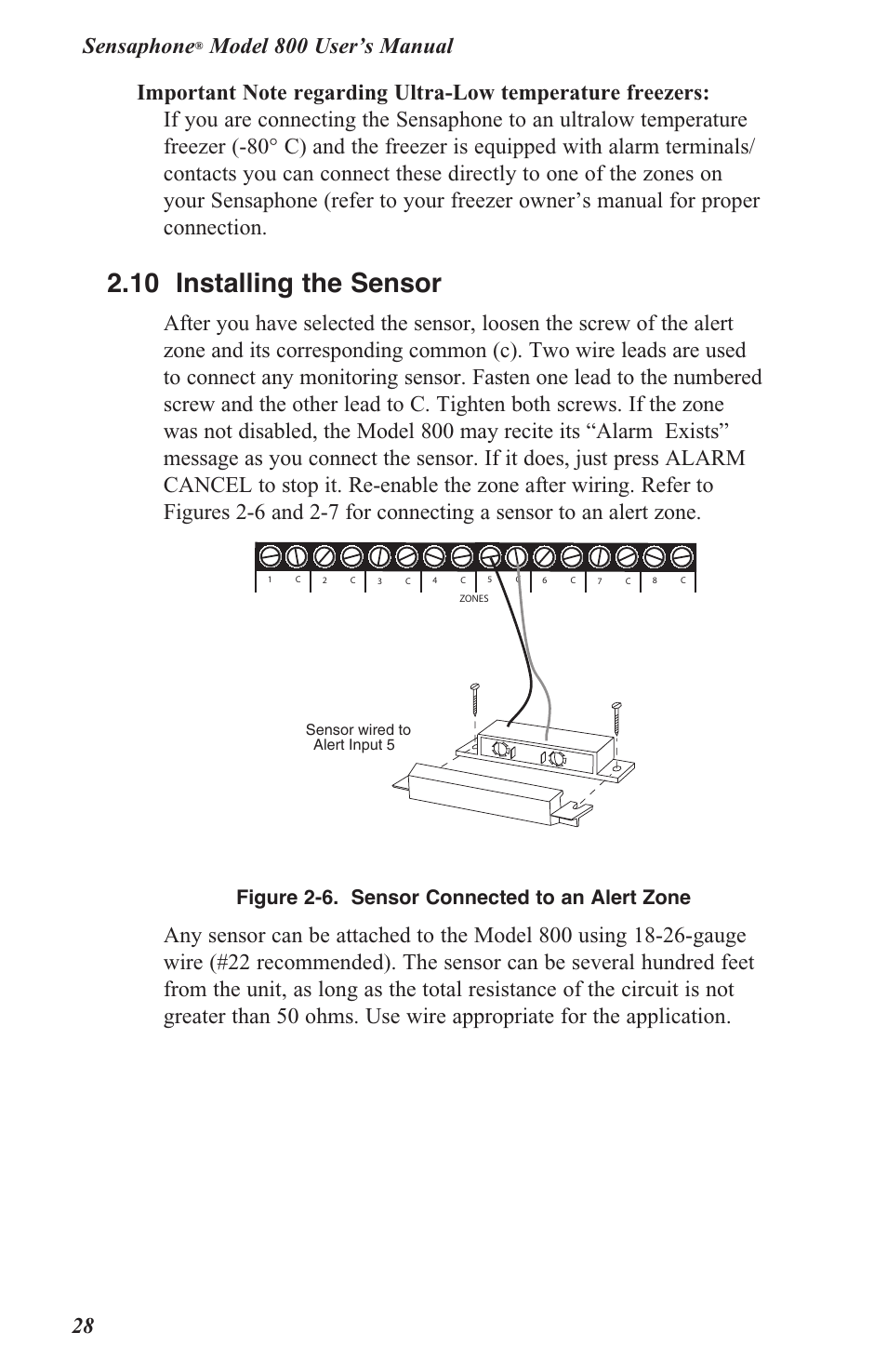 2 .10 installing the sensor, Sensaphone, Figure 2-6 . sensor connected to an alert zone | Sensaphone 800 User Manual | Page 30 / 136