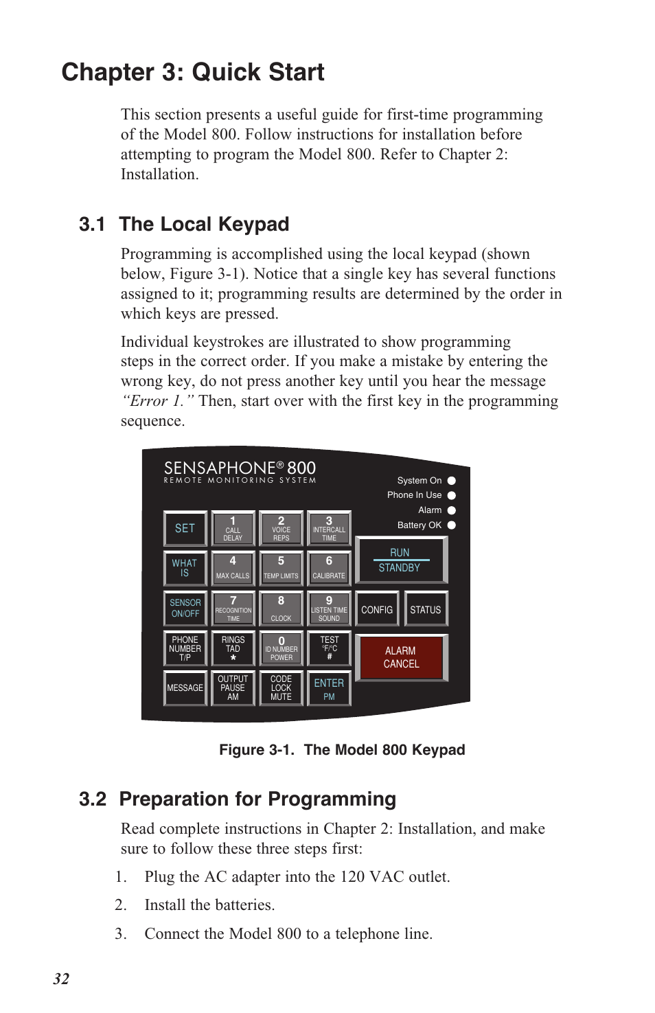 Chapter 3: quick start, 3 .1 the local keypad, 3 .2 preparation for programming | Sensaphone | Sensaphone 800 User Manual | Page 34 / 136