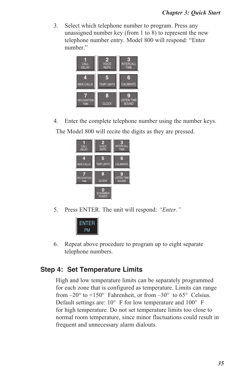 Step 4: set temperature limits, Press enter. the unit will respond: “enter, Enter | Sensaphone 800 User Manual | Page 37 / 136