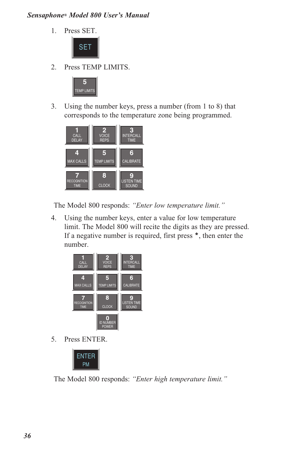 Sensaphone, Press temp limits, Press enter | Enter | Sensaphone 800 User Manual | Page 38 / 136