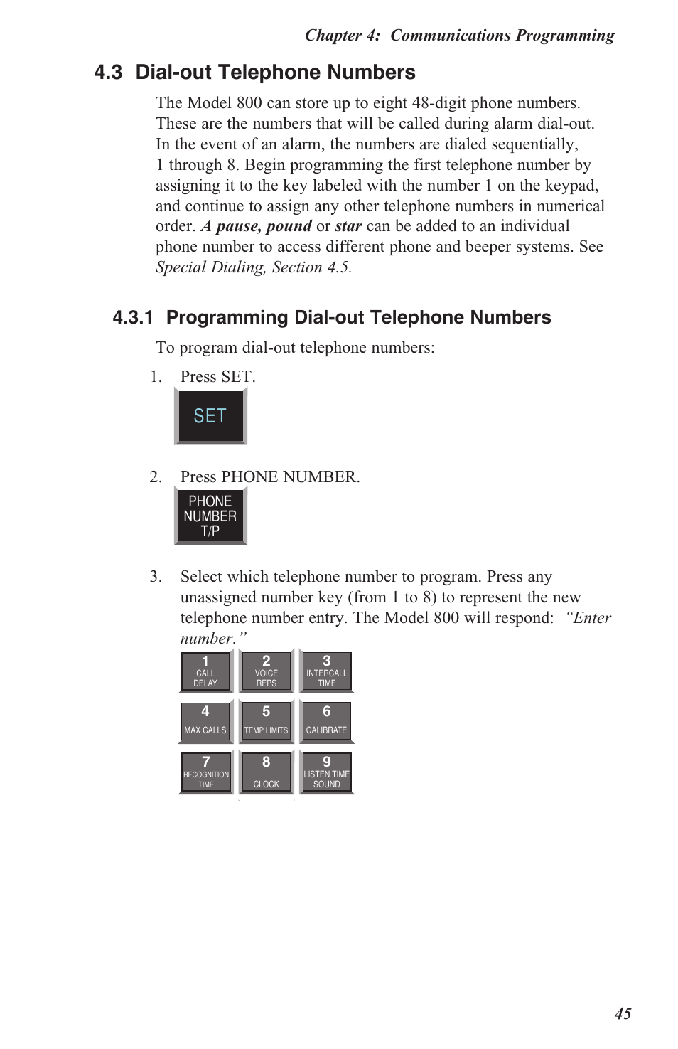 4 .3 dial-out telephone numbers, 4 .3 .1 programming dial-out telephone numbers, Chapter 4: communications programming 45 | Press phone number | Sensaphone 800 User Manual | Page 47 / 136