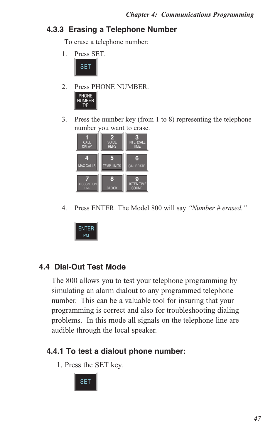 4 .3 .3 erasing a telephone number, Chapter 4: communications programming 47, Press phone number | Sensaphone 800 User Manual | Page 49 / 136