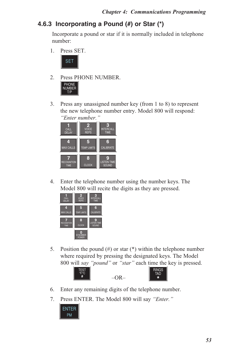 4 .6 .3 incorporating a pound (#) or star (*), Chapter 4: communications programming 53, Press phone number | Enter | Sensaphone 800 User Manual | Page 55 / 136