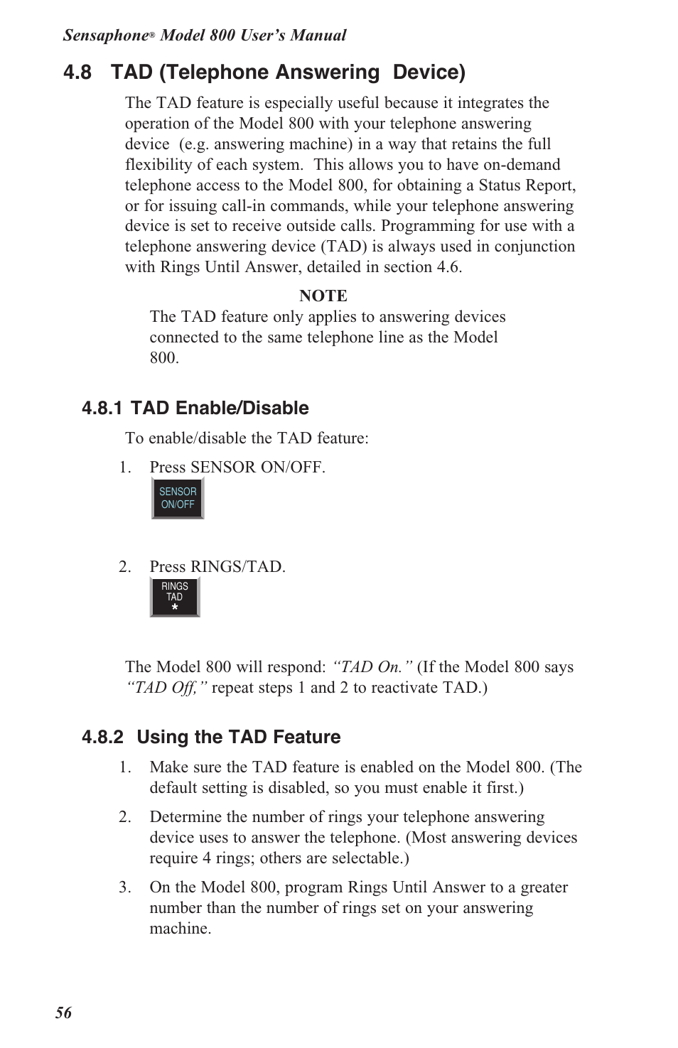 4 .8 tad (telephone answering device), 4 .8 .1 tad enable/disable, 4 .8 .2 using the tad feature | Sensaphone 800 User Manual | Page 58 / 136