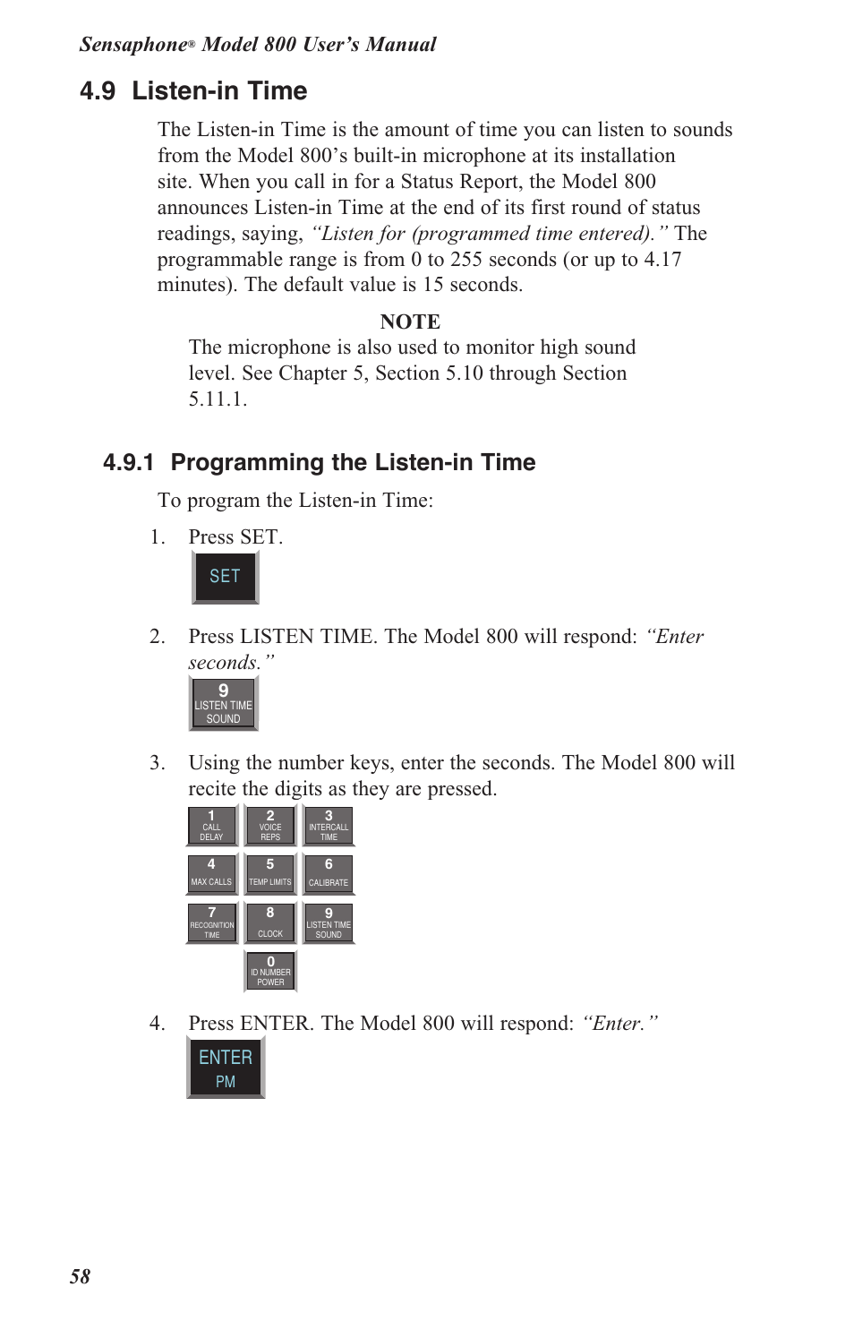 4 .9 listen-in time, 4 .9 .1 programming the listen-in time, Sensaphone | Press enter. the model 800 will respond: “enter, Enter | Sensaphone 800 User Manual | Page 60 / 136