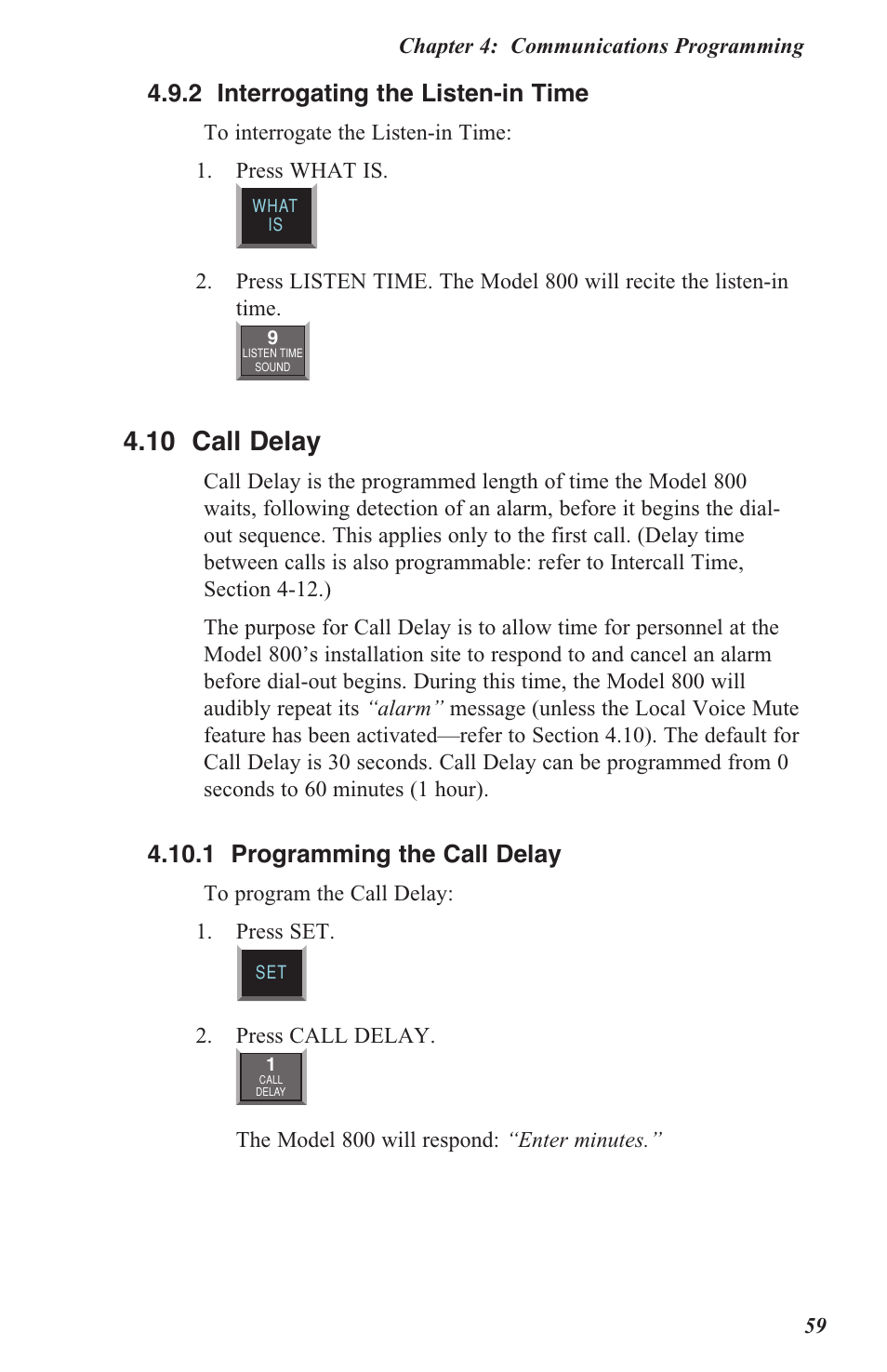 4 .10 call delay, 4 .9 .2 interrogating the listen-in time, 4 .10 .1 programming the call delay | Sensaphone 800 User Manual | Page 61 / 136