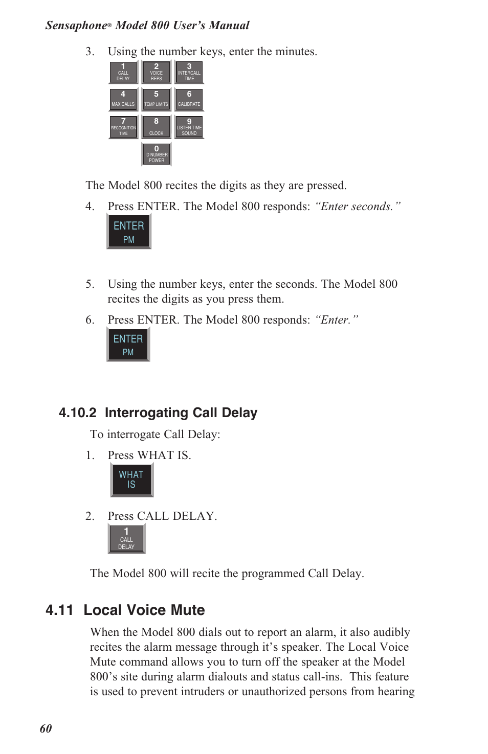 4 .11 local voice mute, 4 .10 .2 interrogating call delay, Sensaphone | Press call delay, Enter | Sensaphone 800 User Manual | Page 62 / 136