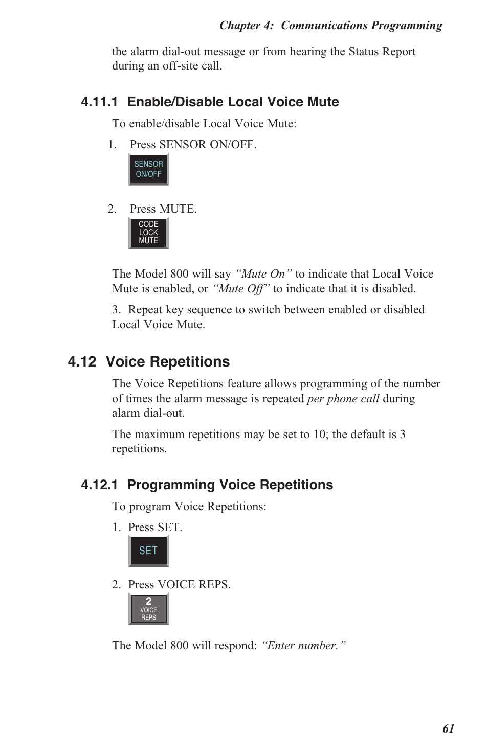 4 .12 voice repetitions, 4 .11 .1 enable/disable local voice mute, 4 .12 .1 programming voice repetitions | Sensaphone 800 User Manual | Page 63 / 136