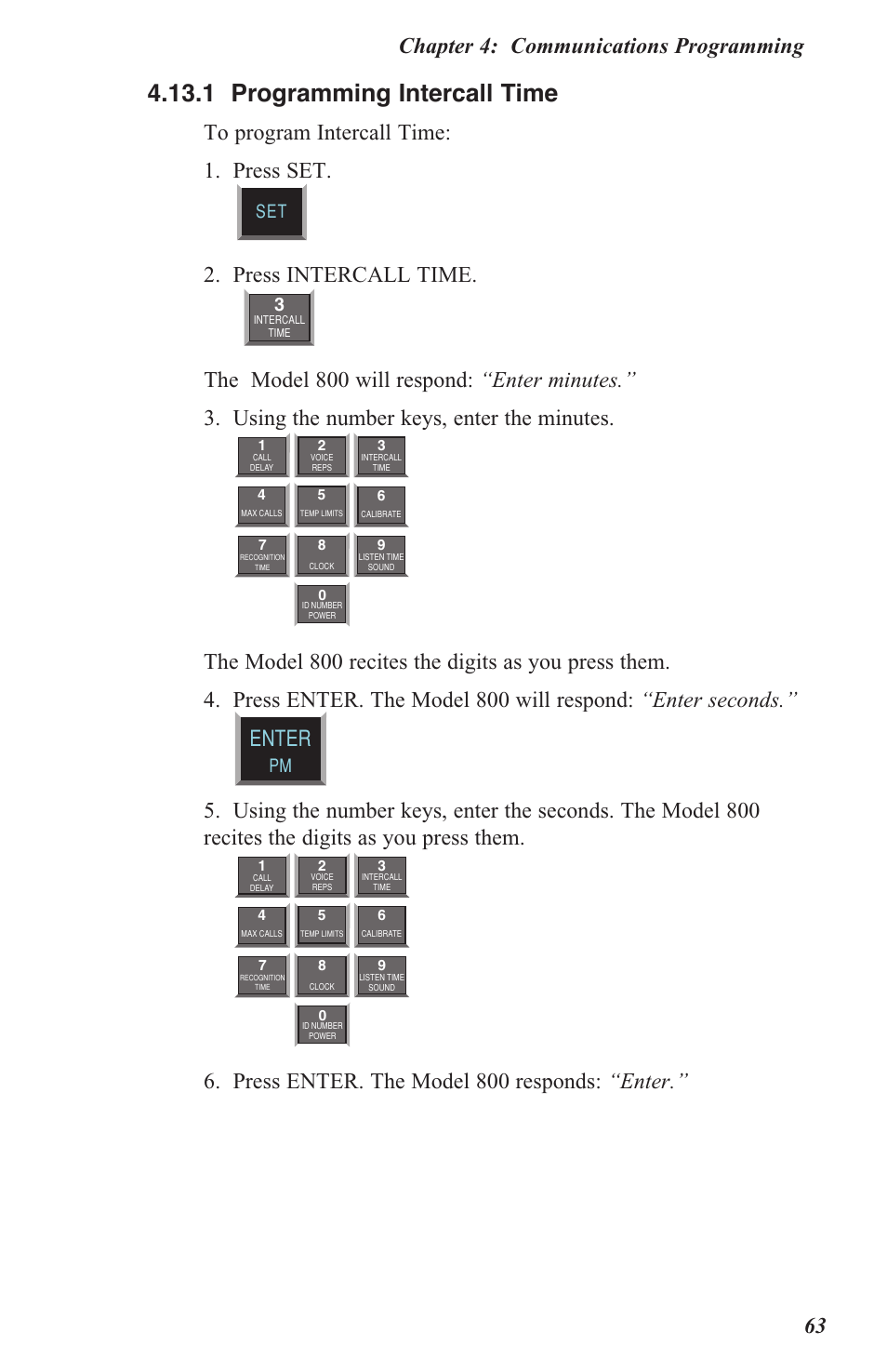 4 .13 .1 programming intercall time, Chapter 4: communications programming 63, Press intercall time | Press enter. the model 800 responds: “enter, Enter | Sensaphone 800 User Manual | Page 65 / 136