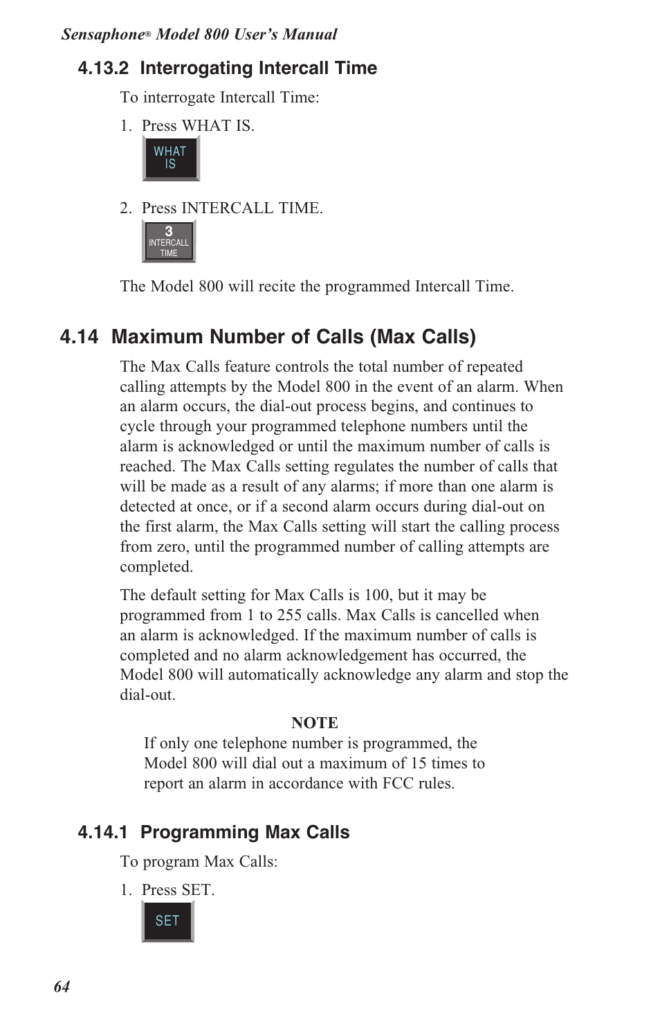 4 .14 maximum number of calls (max calls), 4 .13 .2 interrogating intercall time, 4 .14 .1 programming max calls | Sensaphone 800 User Manual | Page 66 / 136