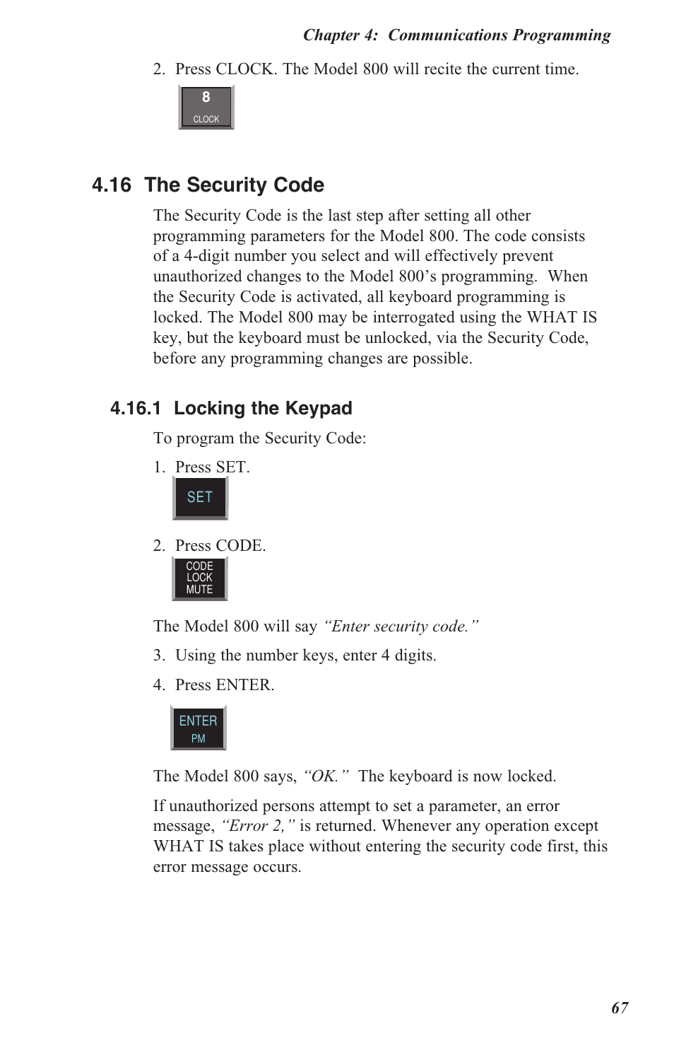 4 .16 the security code, 4 .16 .1 locking the keypad | Sensaphone 800 User Manual | Page 69 / 136