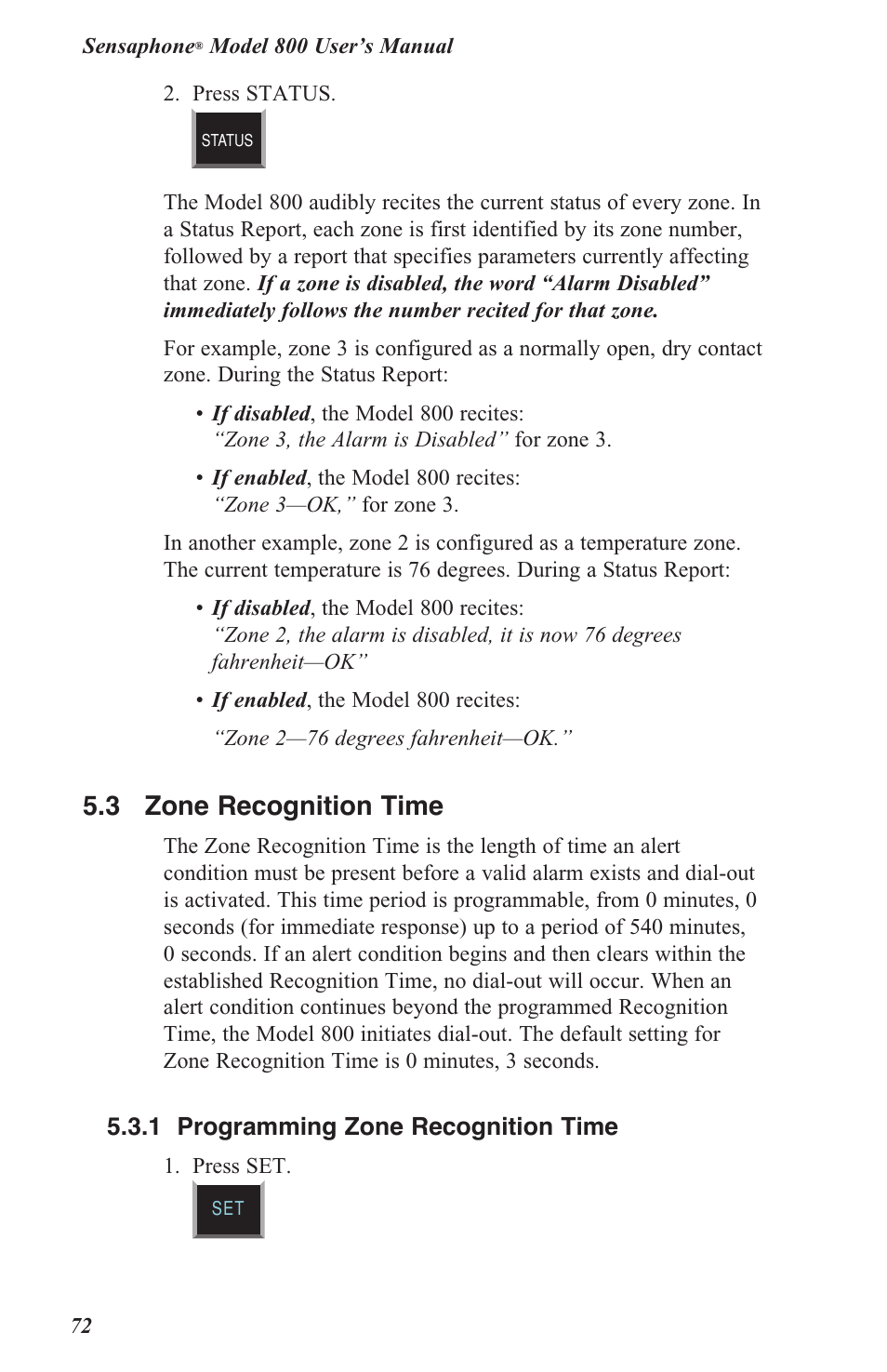 5 .3 zone recognition time | Sensaphone 800 User Manual | Page 74 / 136