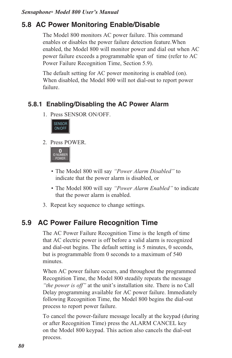 5 .8 ac power monitoring enable/disable, 5 .9 ac power failure recognition time, 5 .8 .1 enabling/disabling the ac power alarm | Sensaphone 800 User Manual | Page 82 / 136