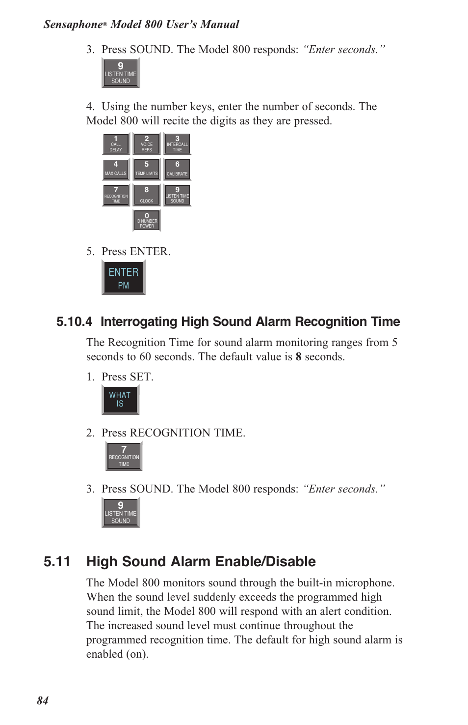 5 .11 high sound alarm enable/disable, Sensaphone, Press enter | Press recognition time, Enter | Sensaphone 800 User Manual | Page 86 / 136