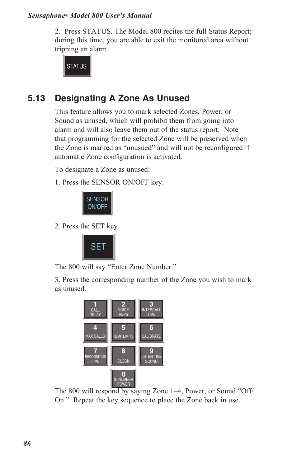 5 .13 designating a zone as unused, Sensaphone, Press the set key | Sensaphone 800 User Manual | Page 88 / 136