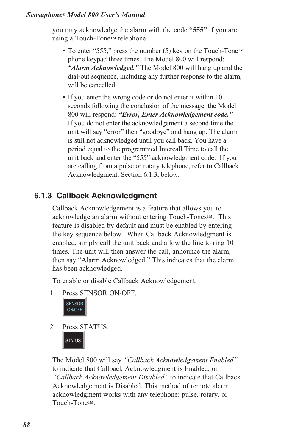 6 .1 .3 callback acknowledgment | Sensaphone 800 User Manual | Page 90 / 136