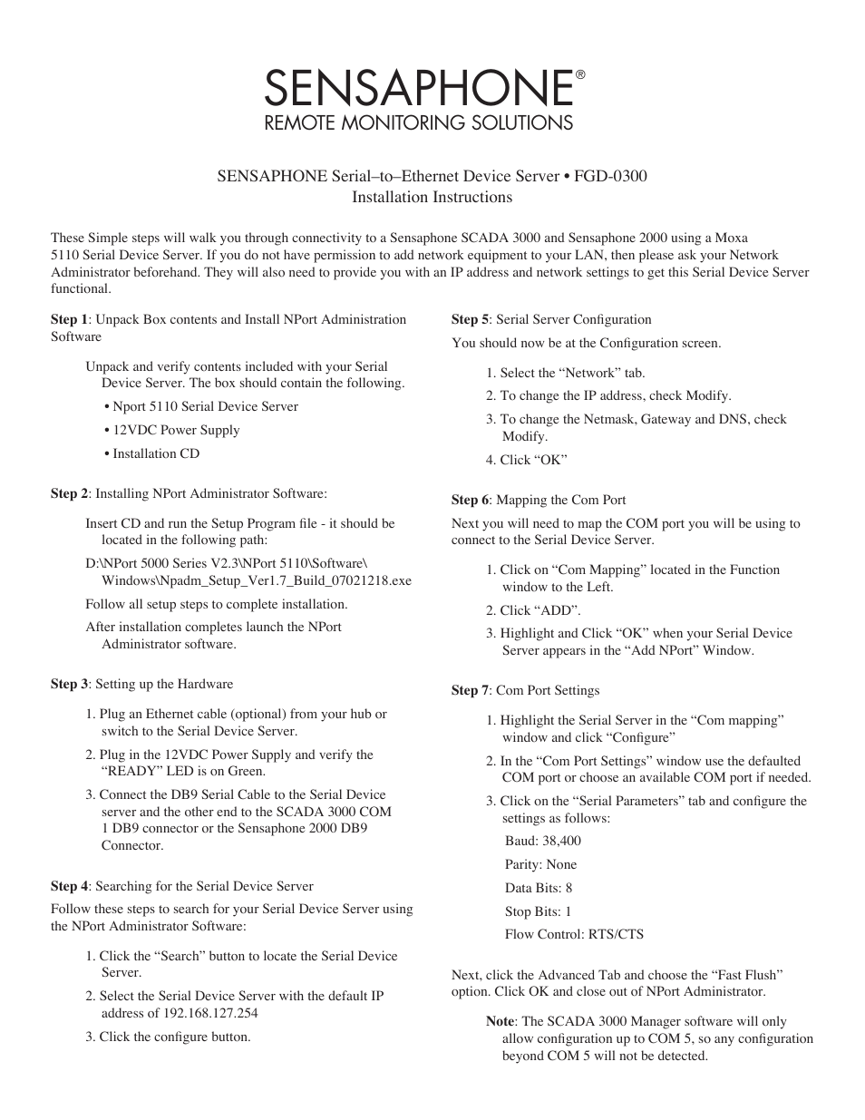 Sensaphone fgd-0300 SCADA 3000 User Manual | 2 pages