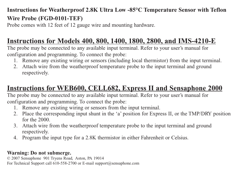 Sensaphone 2.8K Ultra Low -85C Temperature Sensor User Manual | 2 pages