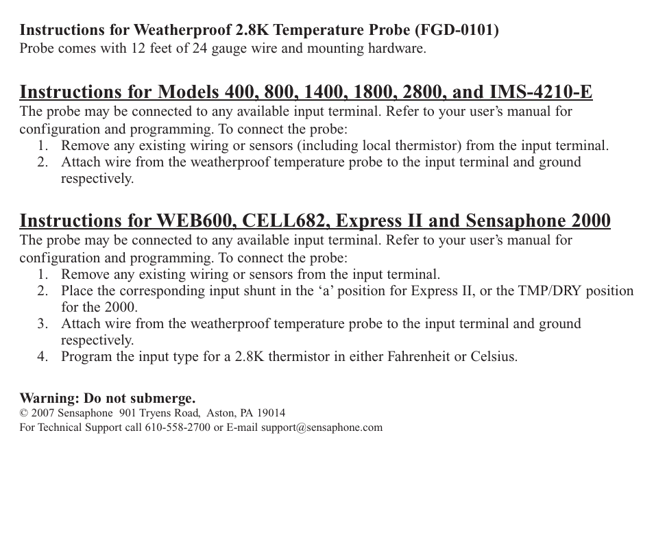 Sensaphone 2.8K Weatherproof Temperature Probe User Manual | 2 pages