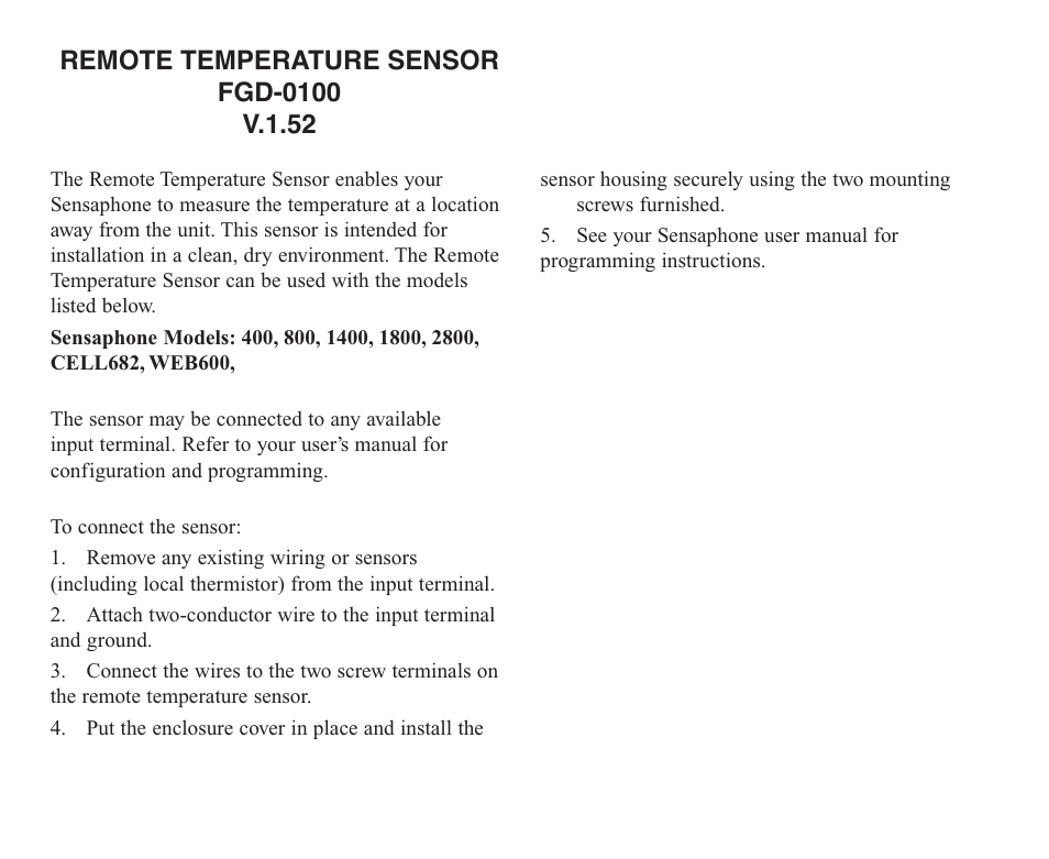 Sensaphone fgd-0100 REMOTE TEMPERATURE SENSOR User Manual | 3 pages