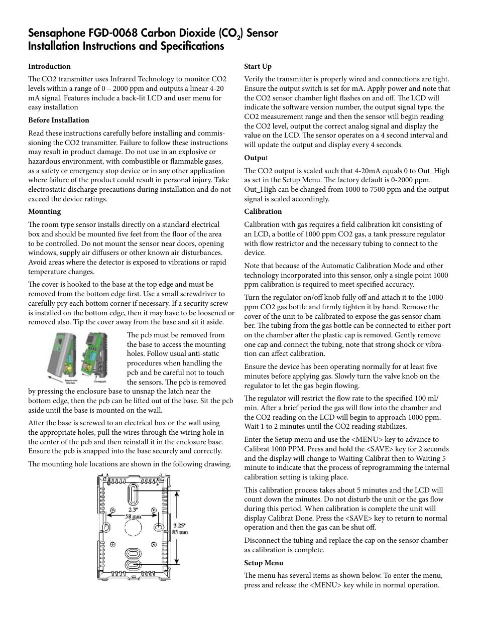 Sensaphone fgd-0068 carbon dioxide (co | Sensaphone fgd-0068 CARBON CO2 SENSOR User Manual | Page 2 / 3