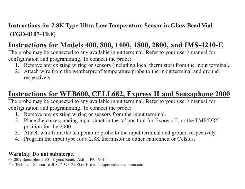 Sensaphone 2.8K Type Ultra Low Temperature Sensor User Manual | 2 pages