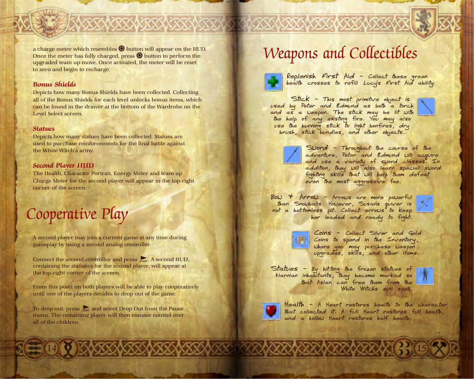 Weapons and collectibles, Cooperative play | Disney Interactive Studios The Chronicles of Narnia: The Lion User Manual | Page 8 / 11