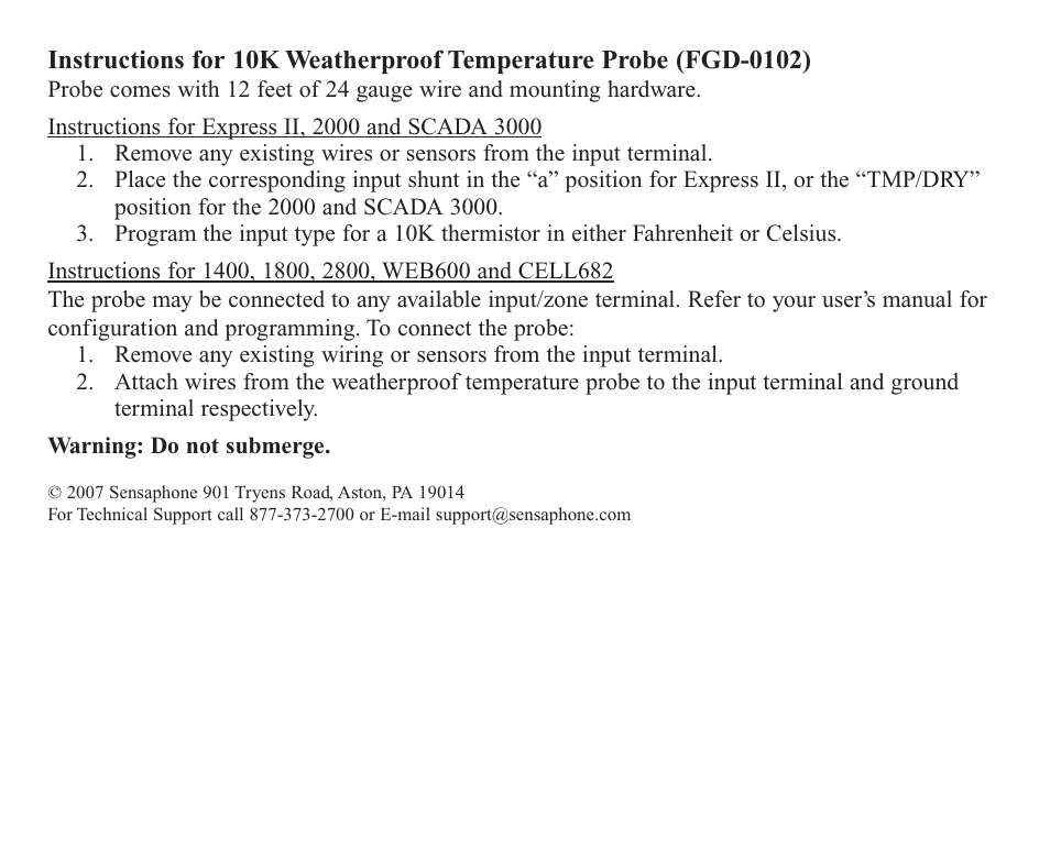 Sensaphone fgd-0102 10K Weatherproof Temperature Probe User Manual | 2 pages
