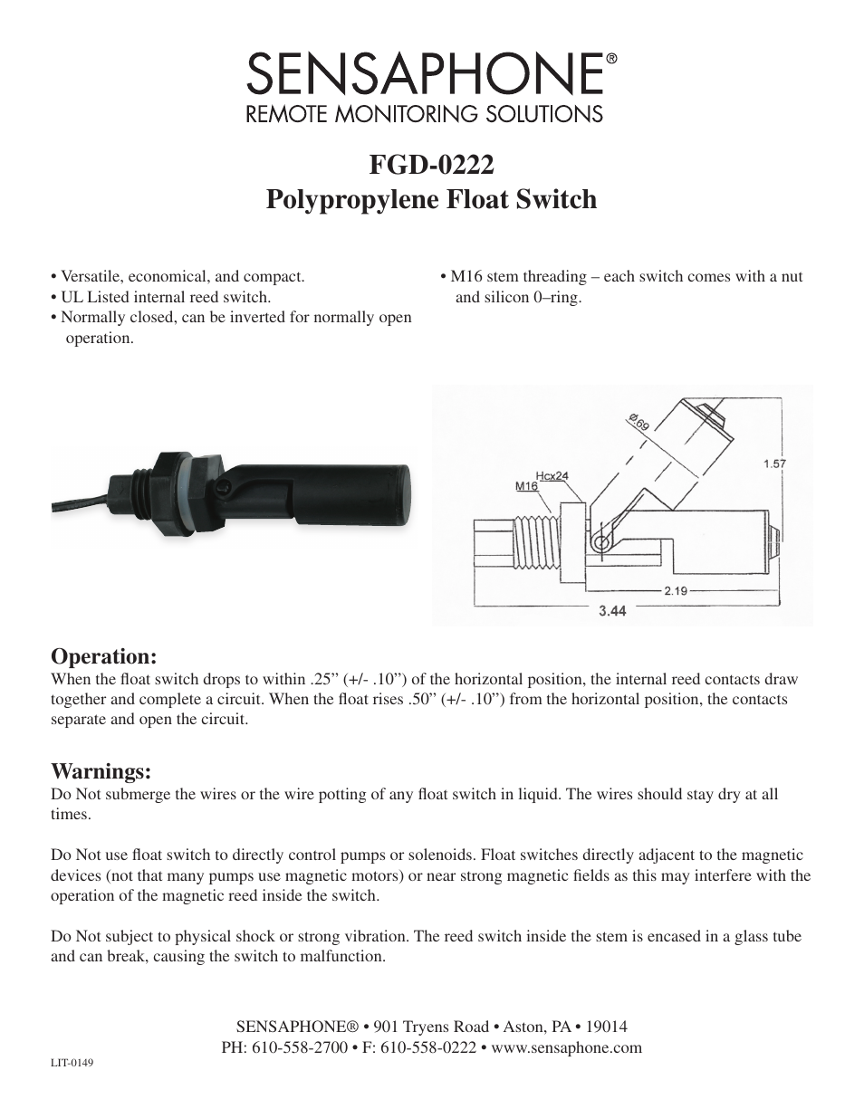 Sensaphone fgd-0222 Polypropylene Float Switch User Manual | 1 page