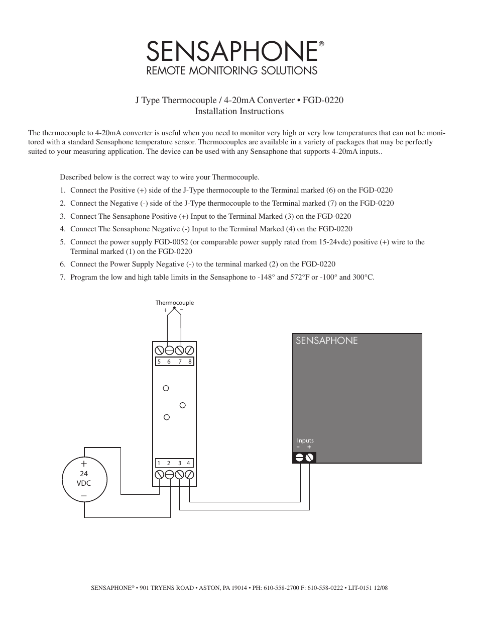 Sensaphone fgd-0220 J Type Thermocouple_4-20mA Converter User Manual | 1 page