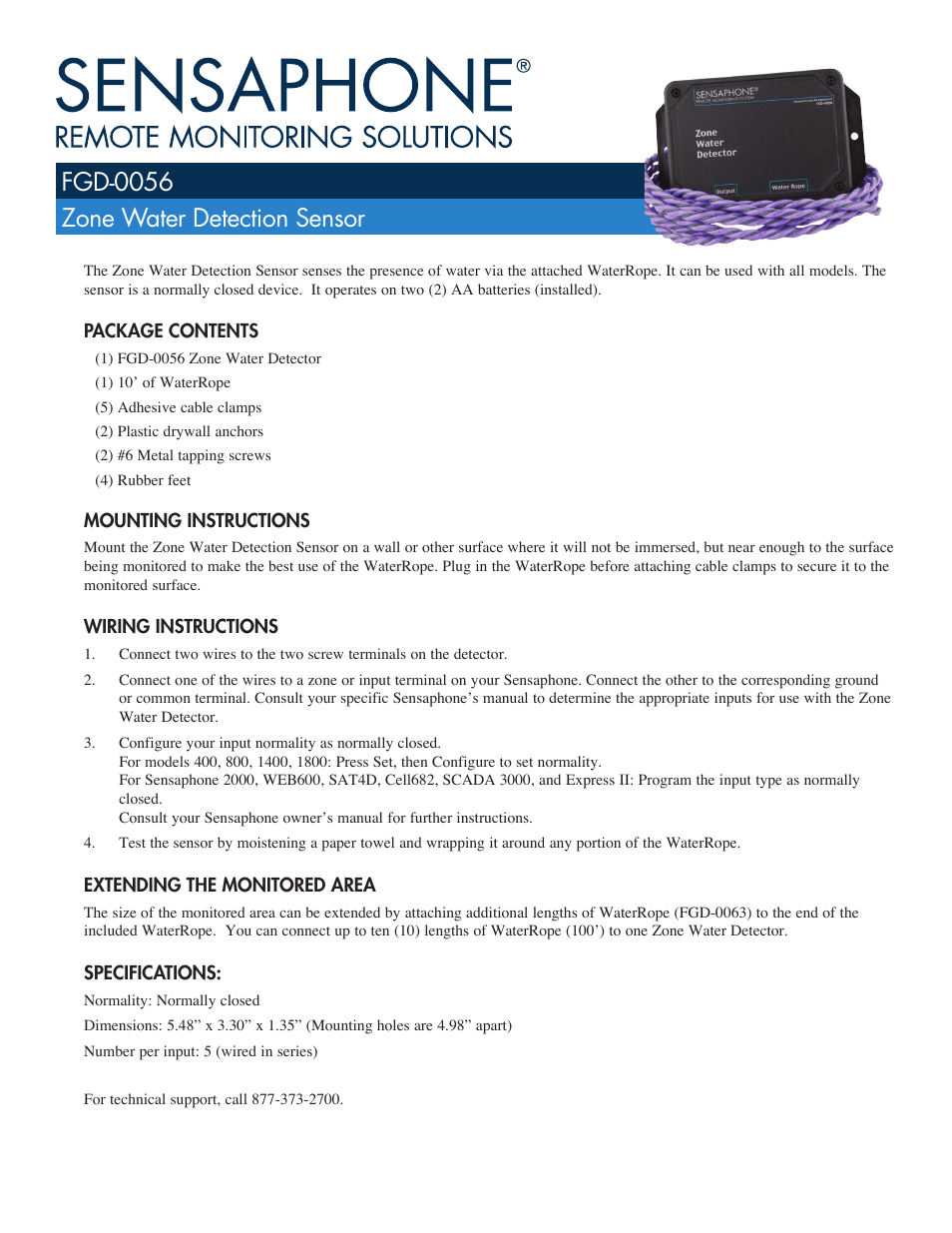 Sensaphone fgd-0056 Zone Water Detection Sensor User Manual | 2 pages