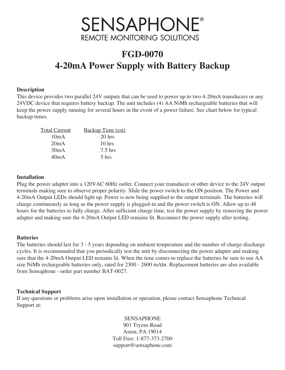 Sensaphone fgd-0070 Power Supply with Battery Backup User Manual | 1 page