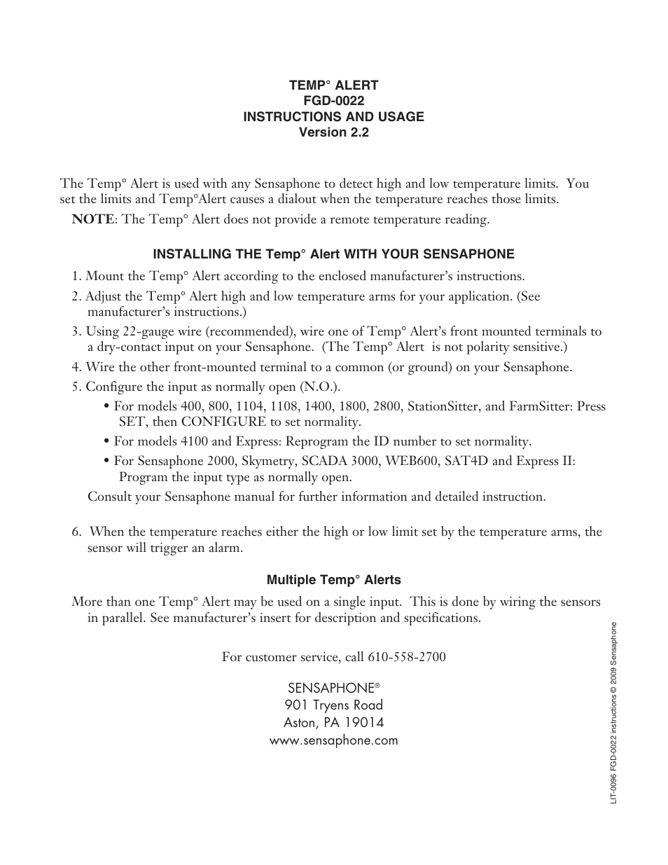 Sensaphone fgd-0022 TEMP ALERT User Manual | 1 page