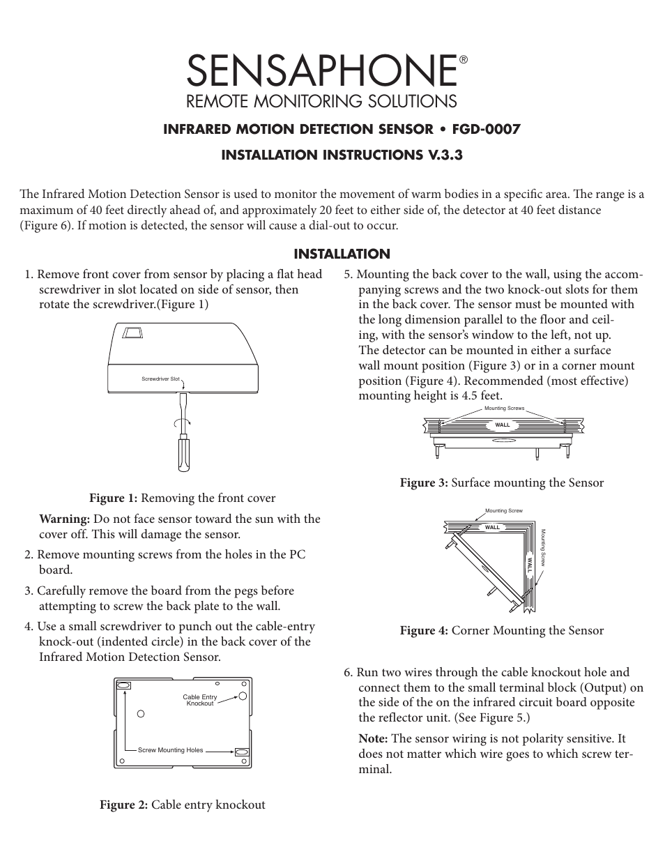 Sensaphone fgd-0007 Infrared MotIon detectIon SenSor User Manual | 2 pages