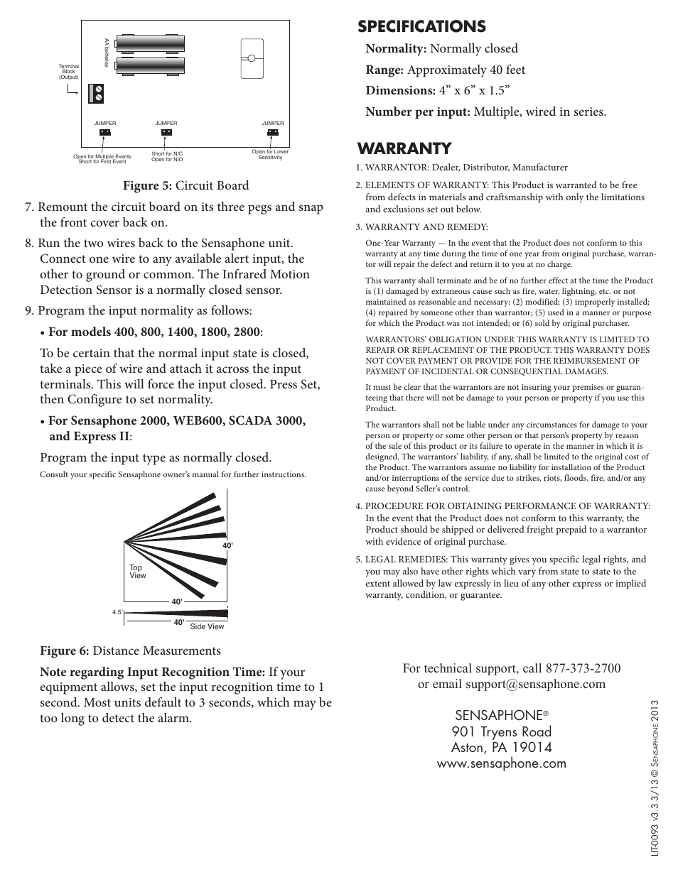 Specifications, Warranty | Sensaphone fgd-0007 Infrared MotIon detectIon SenSor User Manual | Page 2 / 2