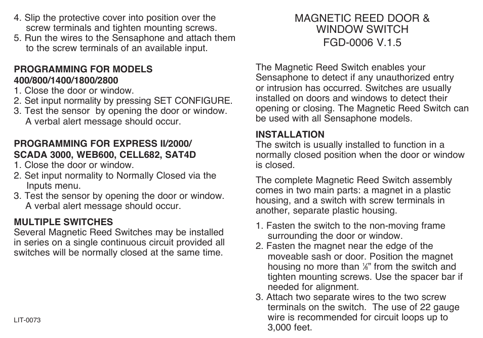 Sensaphone fgd-0006 MAGNETIC REED DOOR & WINDOW SWITCH User Manual | 2 pages