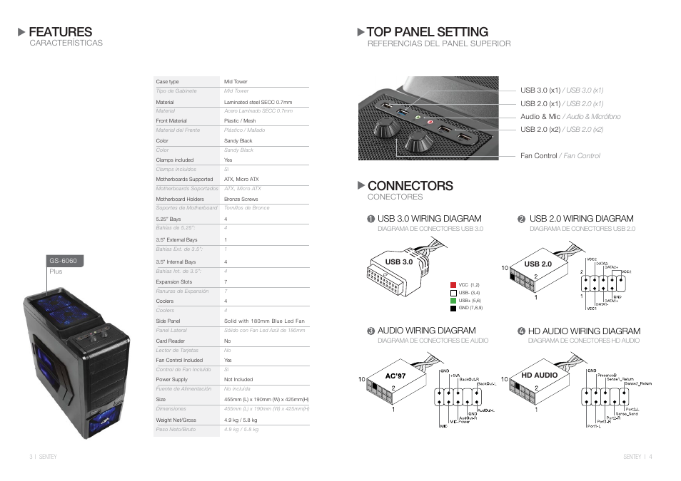 Features, Top panel setting, Connectors | Usb 3.0 wiring diagram, Usb 2.0 wiring diagram, Hd audio wiring diagram, Audio wiring diagram | Sentey Ghost User Manual | Page 3 / 4