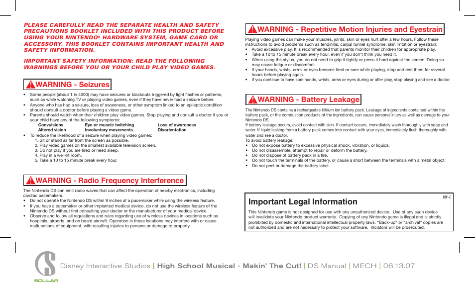 Important legal information, Warning - repetitive motion injuries and eyestrain, Warning - seizures | Disney Interactive Studios Nintendo DS NTR-AI2E-USA User Manual | Page 2 / 14